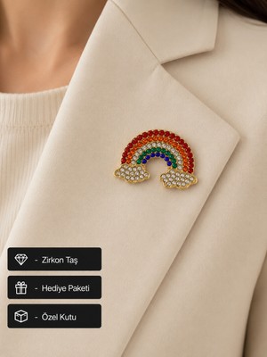 Herşey Nota Hediye Gökkuşağı Taşlı Gold Renk Zirkon Kadın Broş Rozet