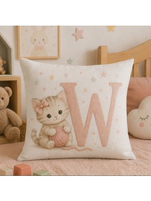 Kadorex Design Sevimli Kedicik Harfli Bebek Odası Kırlent Dekoratif Kılıfı (40 x 40) cm (W) Harfı