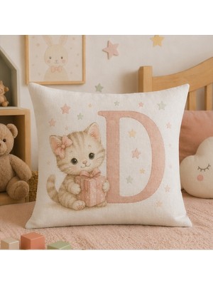Kadorex Design Sevimli Kedicik Harfli Bebek Odası Kırlent Dekoratif Kılıfı (40 x 40) cm (D) Harfı