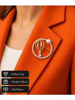 Herşey Nota Hediye Inci Detaylı Gold Balon Tasarım Kadın Broş Rozet