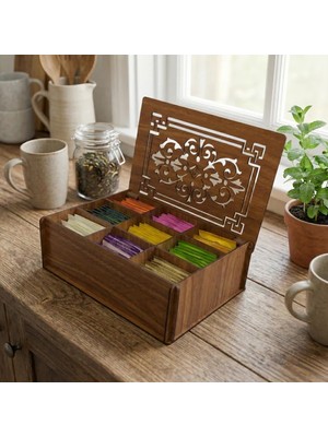 Elivora 9 Bölmeli Ahşap Bitki Çayı Organizeri Kapaklı Mdf Çay Kutusu Kahve Köşesi Düzenleyici