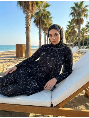 Qymos Prive Qymos Prıve Batik Desenli Güneş Geçiren & Bronzlaştıran Hava Geçirgen Bone ve Eşarplı Tesettür Mayo