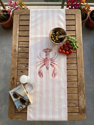 Rahan Design Istakoz Desenli Pembe Çizgili Yazlık Runner - 45X145CM - Yazlık Dekoratif Istakoz Desenli Runner