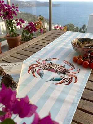 Rahan Design Yengeç Desenli Mavi Çizgili Yazlık Leke Tutmaz Runner - 40X140CM - Yazlık Yengeç Desenli Runner