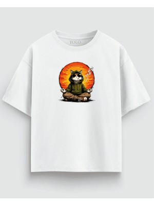 Yolo Street Oversize Unisex Siyah Tişört – Yoga Kedi Baskı, %100 Pamuk Streetwear Tasarım