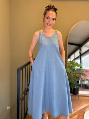 Ali Butik Açık Mavi Askıları Lastikli Tensel Elbise