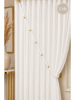 Emtory Home Beyaz Kruvaze Perde Tavan Korniş Bağlama Halatı - Gold Detaylı - Perde Süsü - 3 Metre - 1 Adet