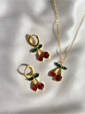 C&On Design Altın Kaplama Taşlı Kiraz Kolye Küpe Seti