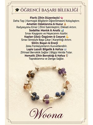 Woona Öğrenci Bilekliği Doğal Taş - Florit & Ametist & Sodalit & Kaplan Gözü & Sitrin & Lapis Lazuli & Hematit & Odaklanma-Zihin-Mantık-Özgüven-Başarı-Bilgelik-Hafıza Öğrenci Başarı Bilekliği