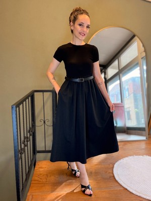 Ali Butik Siyah Kemerli Basıc Midi Elbise