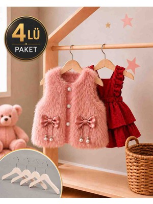 Wholewood 4'lü Doğal Ahşap Bebek ve Çocuk Askısı  Elbise, Gömlek ve Mont Askılığı