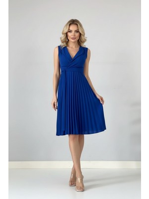Ang Butik Kadın V Yaka Plise Detaylı Modern Elbise