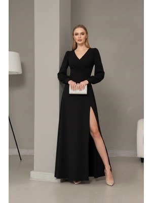 Ang Butik Kadın Balık Kesim Uzun Kollu Yırtmaçlı Abiye