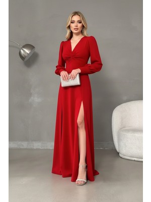 Ang Butik Kadın Balık Kesim Uzun Kollu Yırtmaçlı Abiye