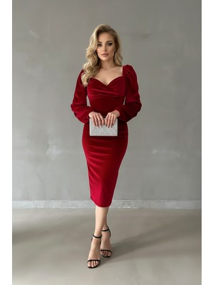 Ang Butik Kadın Kalp Yaka Kadife Yırtmaçlı Elbise