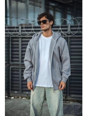 DS LLC Iegiyim™ Erkek Tam Fermuarlı Cepli Kapüşonlu 3 Iplik Pamuklu Hoodie Sweatshirt - Gri Dsllc-Il