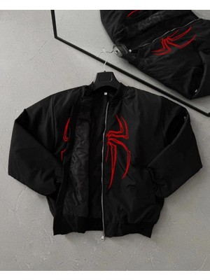 DS LLC Iegiyim™ Erkek Örümcek Desenli Siyah Bomber Mont Fermuarlı Cepli, Kapitone Astarlı, Ceket Mod