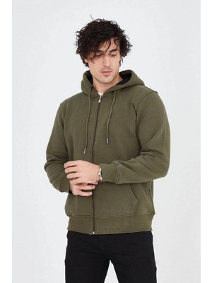 DS LLC Iegiyim™ Erkek 3 Iplik Pamuklu Fermuarlı Kapüşonlu Kanguru Cepli Hoodie Hırka Sweatshirt - Y