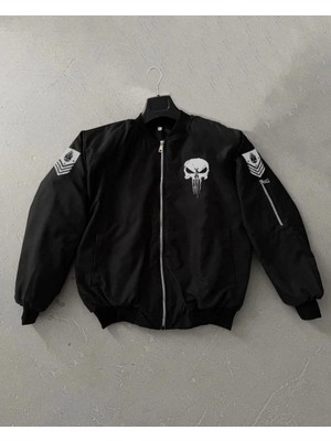DS LLC Iegiyim™ Erkek Siyah Askeri Tarz Bomber Mont Punisher Skull Detaylı Fermuarlı Cepli - Siyah Dsl
