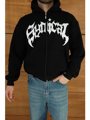 DS LLC Iegiyim™ Erkek Kapüşonlu 3 Iplik Şardonlu Önü Baskılı Fermuarlı Oversize Sweatshirt - Si
