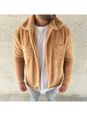 DS LLC Iegiyim™ Erkek Pelüş Polar Hırka Gömlek Yakalı Ilik Düğmeli Göğüs Cepli Yumuşak Dokul