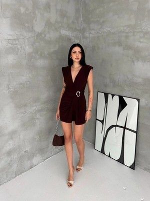 DS LLC Iegiyim™ Kadın Kruvaze Drapeli Tokalı Mini Elbise Şık Gece Davet Abiye - Kahverengi Dsllc-Ilk