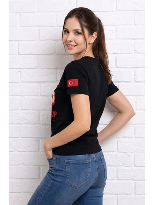 DS LLC Iegiyim™ Kadın Türkiye World Cup 2026 Baskılı Tişört Futbol Temalı Forma T-Shirt - Siyah D