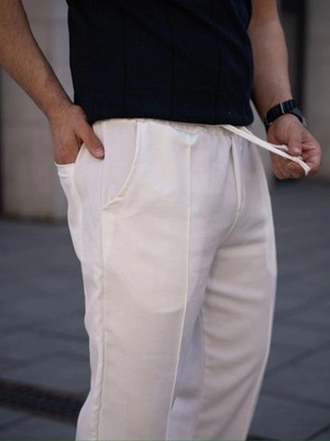 DS LLC Iegiyim™ Erkek Keten Cepli Çıma Dikişli Jogger Buggy Pantalon Rahat Kalıp - Beyaz Dsllc-Ilkel
