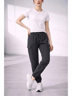 DS LLC Iegiyim™ Kadın Jogger Eşofman Altı Kargo Cepli Lastikli Paça Spor Pantolon - Füme Dsllc-Ilke