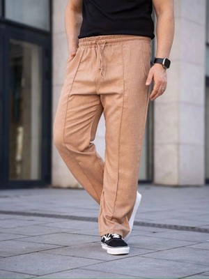 DS LLC Iegiyim™ Erkek Keten Cepli Çıma Dikişli Jogger Buggy Pantalon Rahat Kalıp - Kahverengi Dsllc-