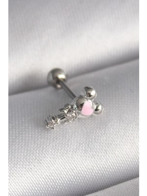 DS LLC Ietaks™ 316L Çelik Gümüş Renk Zirkon Taş Detay Pembe Kalp Işleme Tragus Piercing Dsllc-Ilk
