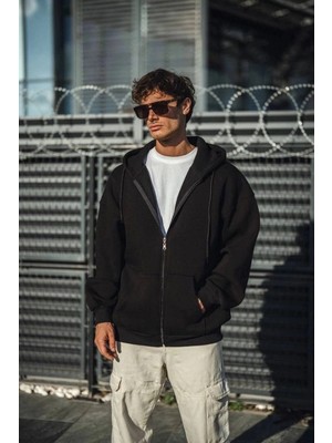 DS LLC Iegiyim™ Erkek Tam Fermuarlı Cepli Kapüşonlu 3 Iplik Pamuklu Hoodie Sweatshirt - Siyah Dsllc-
