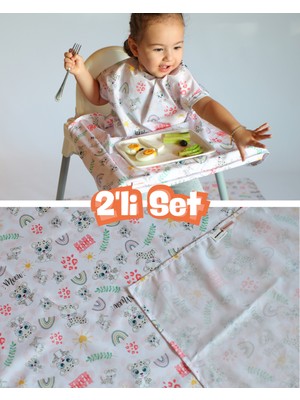 Mammam Always By Your Side Neşeli Leoparlar Set (Kısa Kollu Mama Sandalyesi Önlüğü ve Yer/masa Örtüsü) Su Geçirmez, Leke Tutmaz