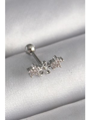 DS LLC Ietaks™ 316L Çelik Gümüş Renk Zirkon Taşlı Çiçek Tragus Piercing Dsllc-Ilkelgym1