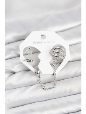 DS LLC Ietaks™ Pirinç Gümüş Renk Sarmal Model Zincir Bağlantılı Ear Cuff Küpe Seti Dsllc-Ilkelgy