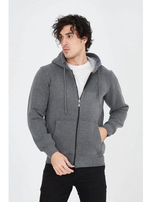 DS LLC Iegiyim™ Erkek 3 Iplik Pamuklu Fermuarlı Kapüşonlu Kanguru Cepli Hoodie Hırka Sweatshirt - F