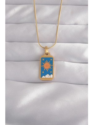 DS LLC Ietaks™ 316L Çelik Gold Renk Mavi Mineli Güneş Model Tarot Kolye Dsllc-Ilkelgym1