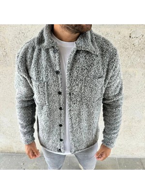 DS LLC Iegiyim™ Erkek Pelüş Polar Hırka Gömlek Yakalı Ilik Düğmeli Göğüs Cepli Yumuşak Dokul