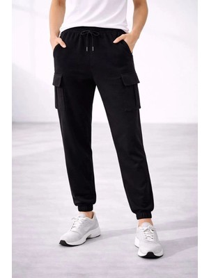 DS LLC Iegiyim™ Kadın Jogger Eşofman Altı Kargo Cepli Lastikli Paça Spor Pantolon - Siyah Dsllc-Ilke