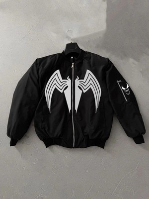 DS LLC Iegiyim™ Erkek Cepli Mont Venom Örümcek Desenli Bomber Kol Fermuarlı Ceket - Siyah Dsllc-Ilkel