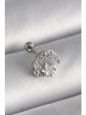 DS LLC Ietaks™ 316L Çelik Gümüş Renk Zirkon Taşlı Ay Yıldız Tragus Piercing Dsllc-Ilkelgym1