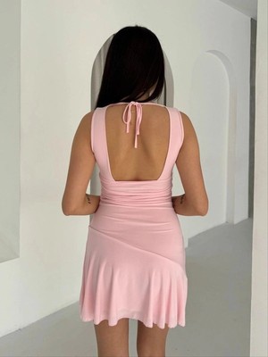 DS LLC Iegiyim™ Kadın Derin V Yaka Sırt Dekolteli Mini Elbise Drapeli Şık Kolsuz - Pembe Dsllc-Ilkel