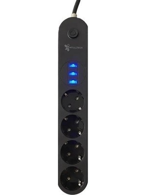 TKÇ 4lü Siyah Anahtarlı 3 USB Li Akım Korumalı Topraklı Çocuk Korumalı Grup Priz 2 Metre