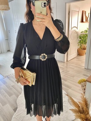 Marsilyan Kadın Şifon Kumaş Astalı Kloş Kesim Kruvaze Yaka Midi Boy Elbise