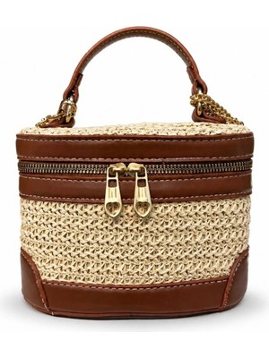 PaminBags Aksesuar Deri Garnili Hasır Kova Mini Çanta PMN0070