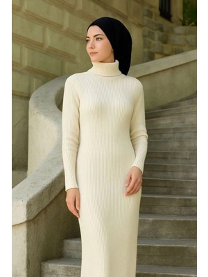 DS LLC Iegiyim™ Kadın Tesettür Triko Elbise Boğazlı Uzun Fitilli Dokuma Esnek Tam Kalıp 130 cm - Be