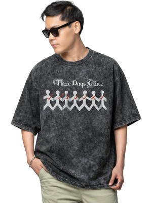 Sevbano Three Days Grace Rock Metal Müzik Grubu Baskılı Unisex Oversize Vintage Yıkamalı Tişört