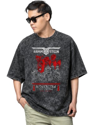 Sevbano Rammstein Rock Metal Müzik Grubu Baskılı Unisex Oversize Vintage Yıkamalı Tişört