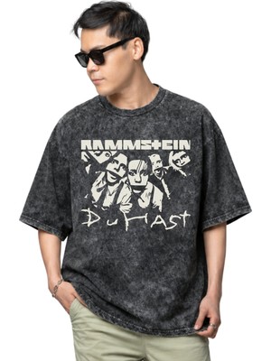 Sevbano Rammstein Rock Metal Müzik Grubu Baskılı Unisex Oversize Vintage Yıkamalı Tişört