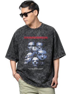Sevbano Rammstein Rock Metal Müzik Grubu Baskılı Unisex Oversize Vintage Yıkamalı Tişört